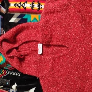 Villager hooded sweater in red with white and black threads. Size L
